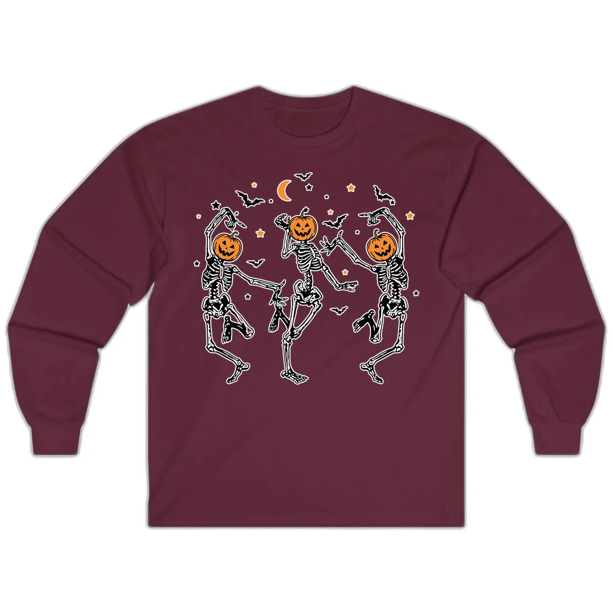 Dancing Skeletons With Pumpkin Heads Long Sleeve in Maroon