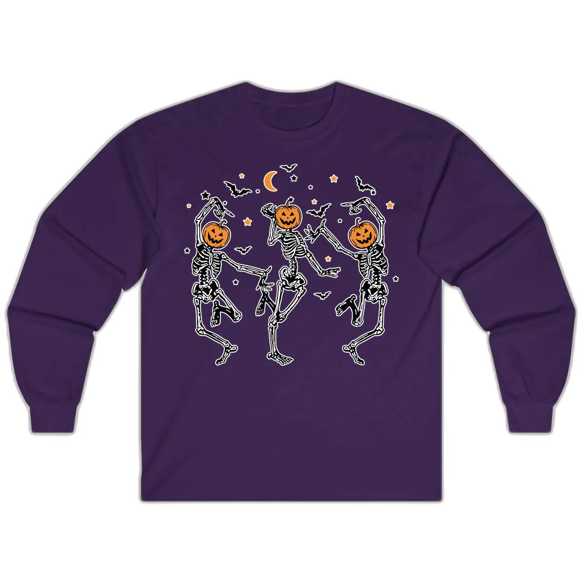 Dancing Skeletons With Pumpkin Heads Long Sleeve in Purple