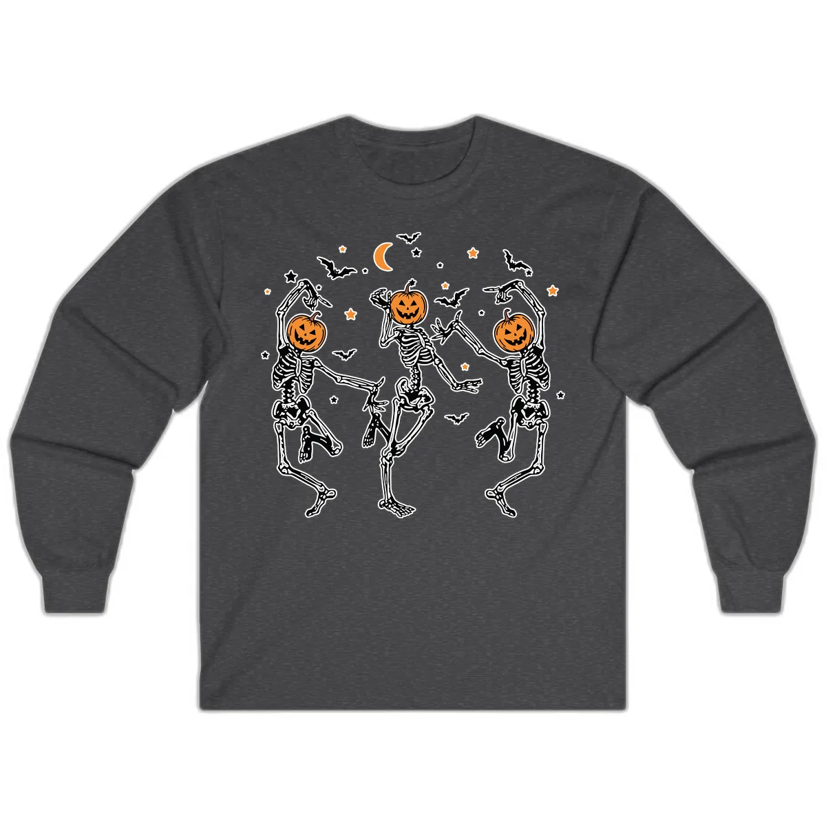 Dancing Skeletons With Pumpkin Heads Long Sleeve in Dark Heather