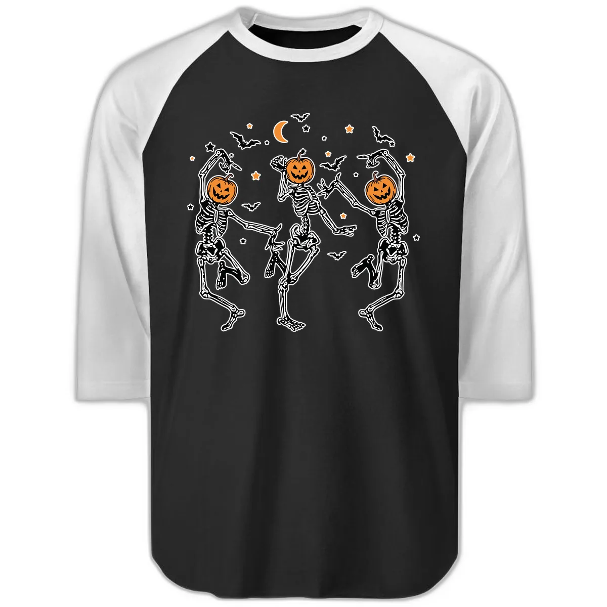Dancing Skeletons With Pumpkin Heads Raglan 3/4 in Black White