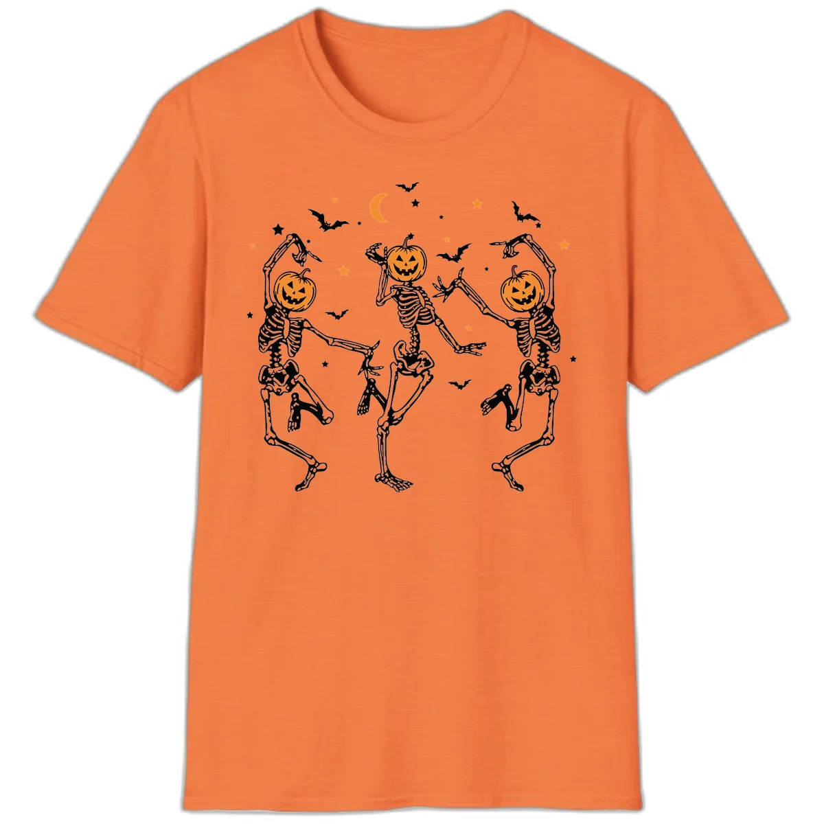 Dancing Skeletons With Pumpkin Heads T-Shirt in Heather Orange