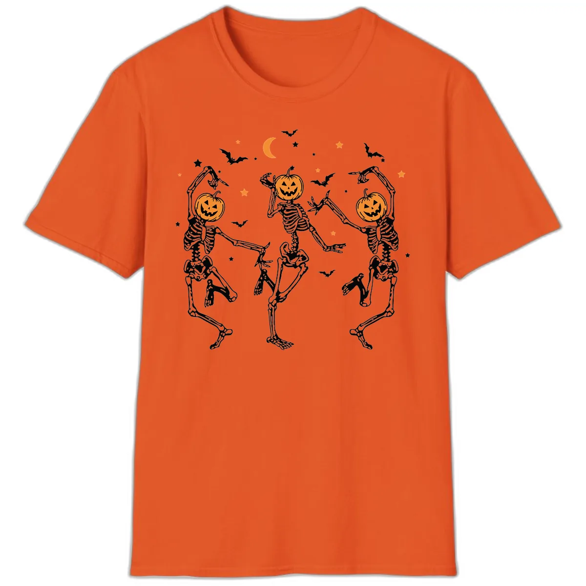 Dancing Skeletons With Pumpkin Heads T-Shirt in Orange