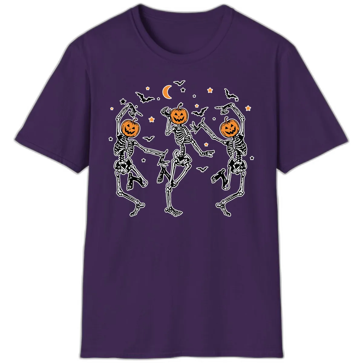 Dancing Skeletons With Pumpkin Heads T-Shirt in Purple