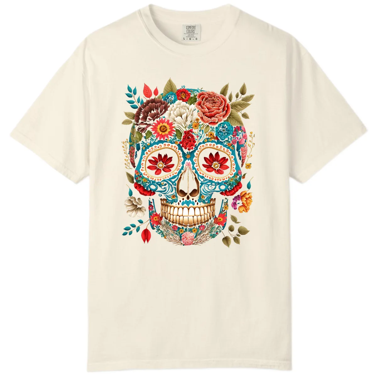 Vibrant Floral Calavera Sugar Skull Comfort Color in Ivory