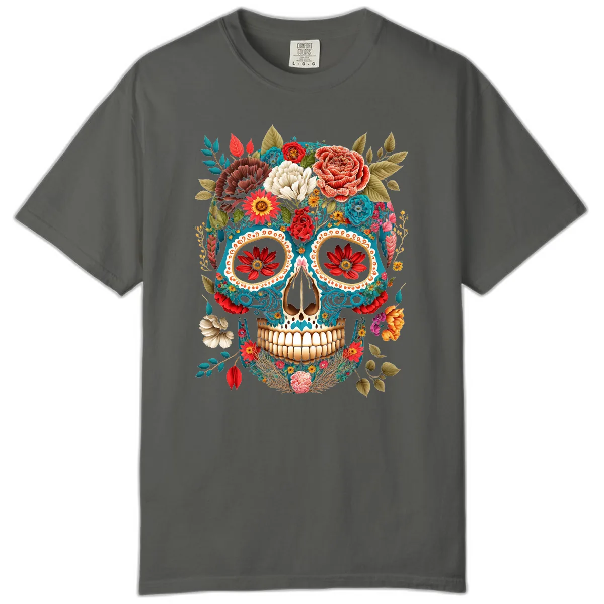 Vibrant Floral Calavera Sugar Skull Comfort Color in Pepper