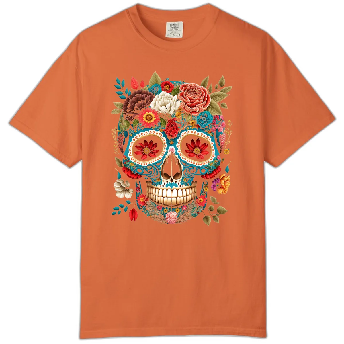 Vibrant Floral Calavera Sugar Skull Comfort Color in Burnt Orange
