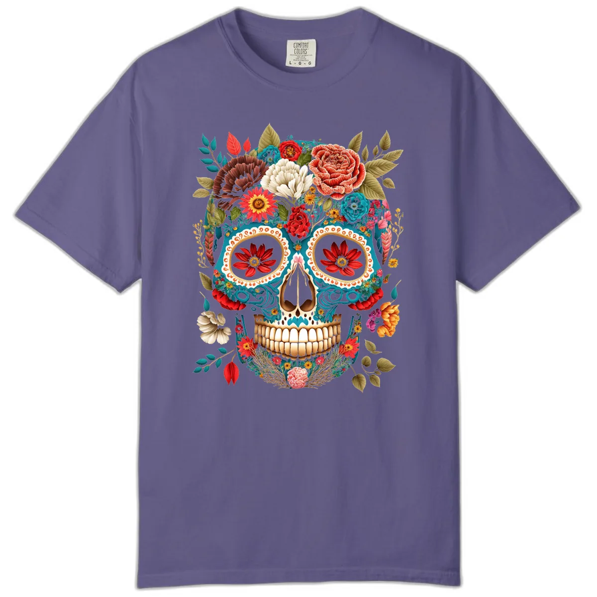 Vibrant Floral Calavera Sugar Skull Comfort Color in Grape