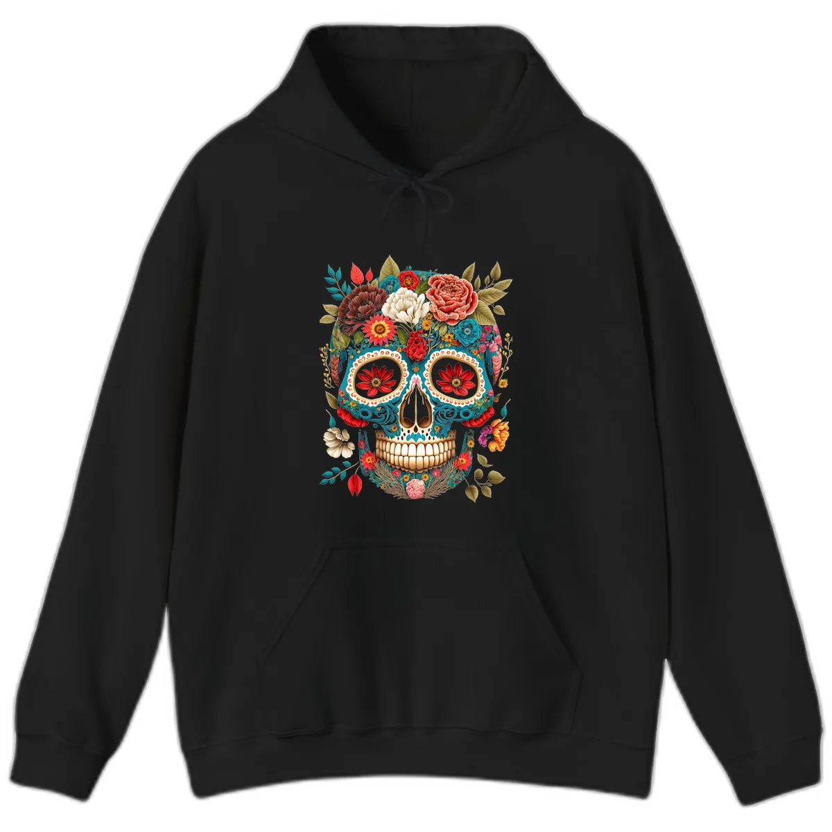 Vibrant Floral Calavera Sugar Skull Hoodie in Black