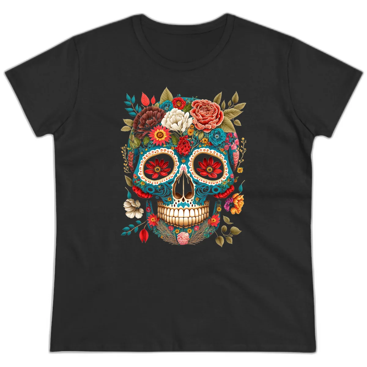 Vibrant Floral Calavera Sugar Skull Ladies Tee in Black