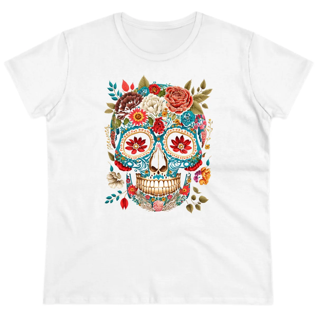 Vibrant Floral Calavera Sugar Skull Ladies Tee in White