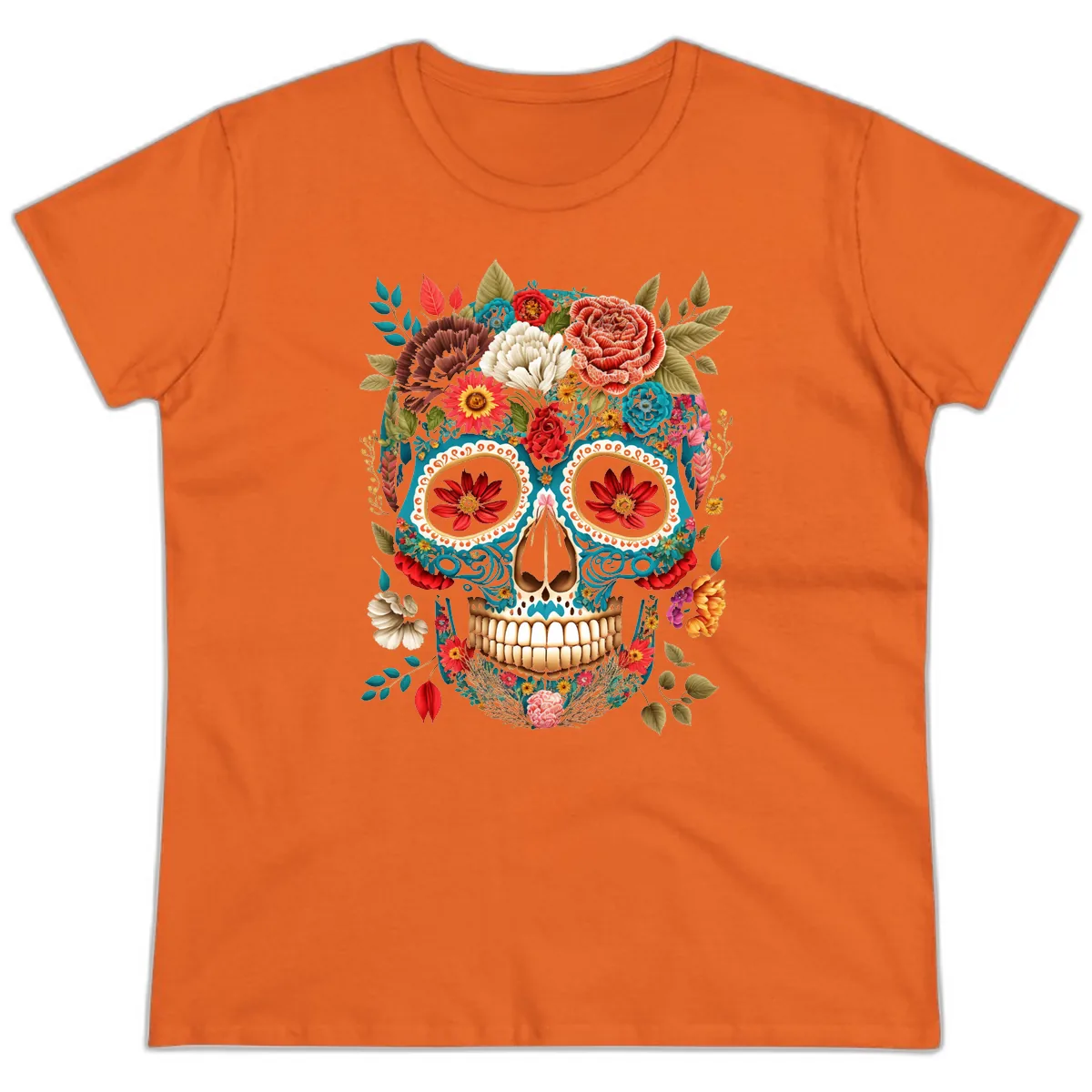 Vibrant Floral Calavera Sugar Skull Ladies Tee in Orange
