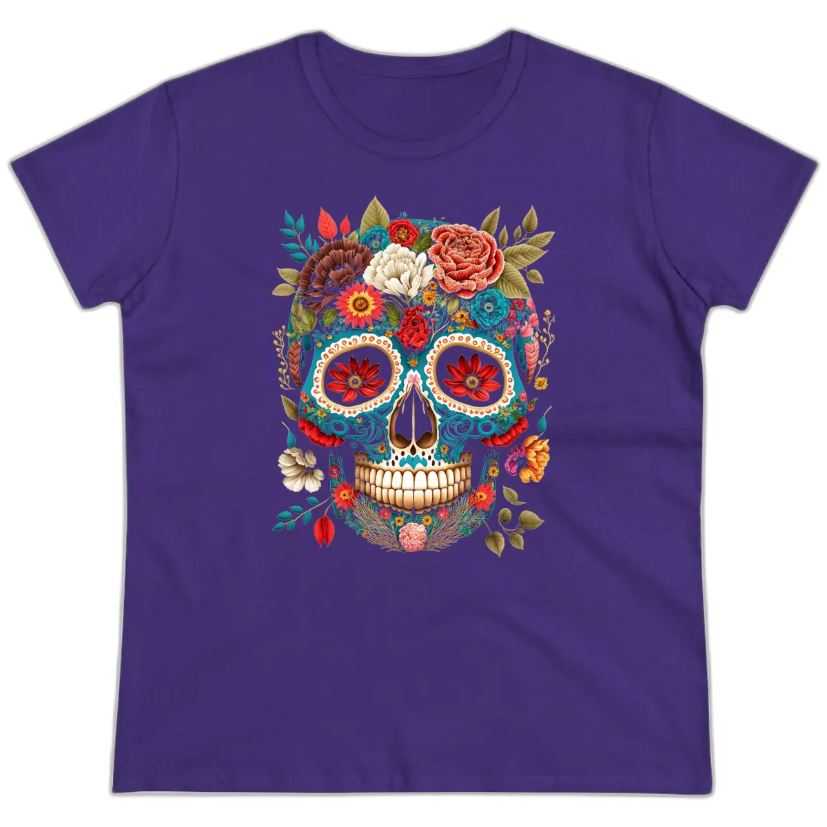 Vibrant Floral Calavera Sugar Skull Ladies Tee in Purple