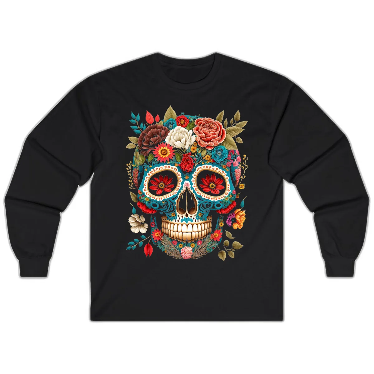 Vibrant Floral Calavera Sugar Skull Long Sleeve in Black