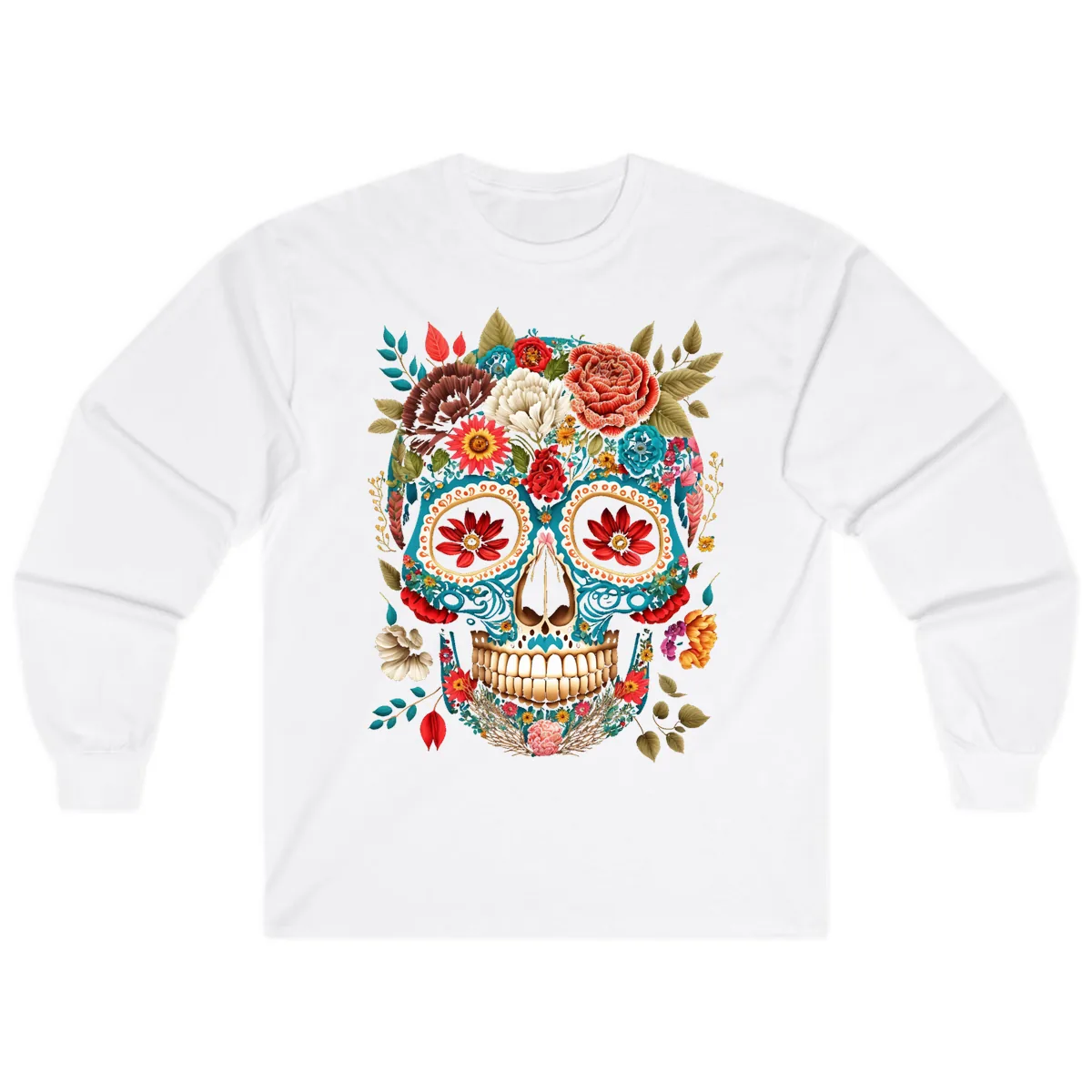 Vibrant Floral Calavera Sugar Skull Long Sleeve in White