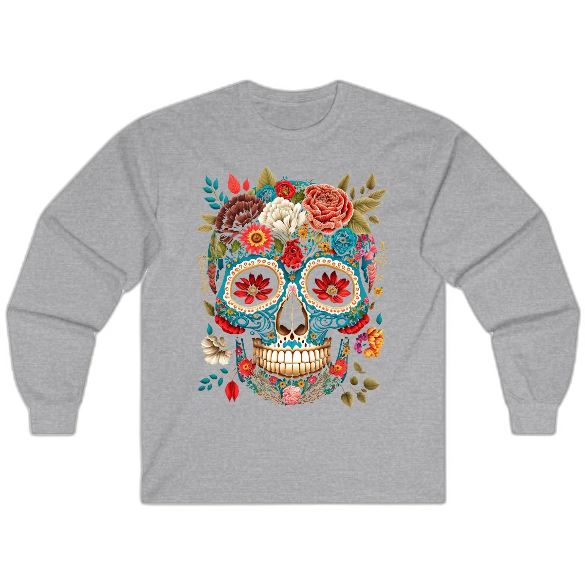 Vibrant Floral Calavera Sugar Skull Long Sleeve in Sport Grey