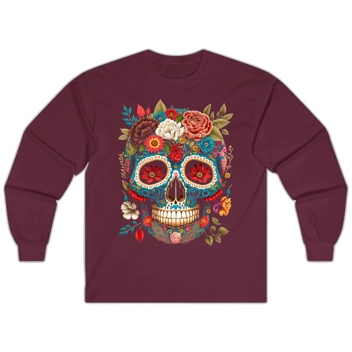 Vibrant Floral Calavera Sugar Skull Long Sleeve in Maroon