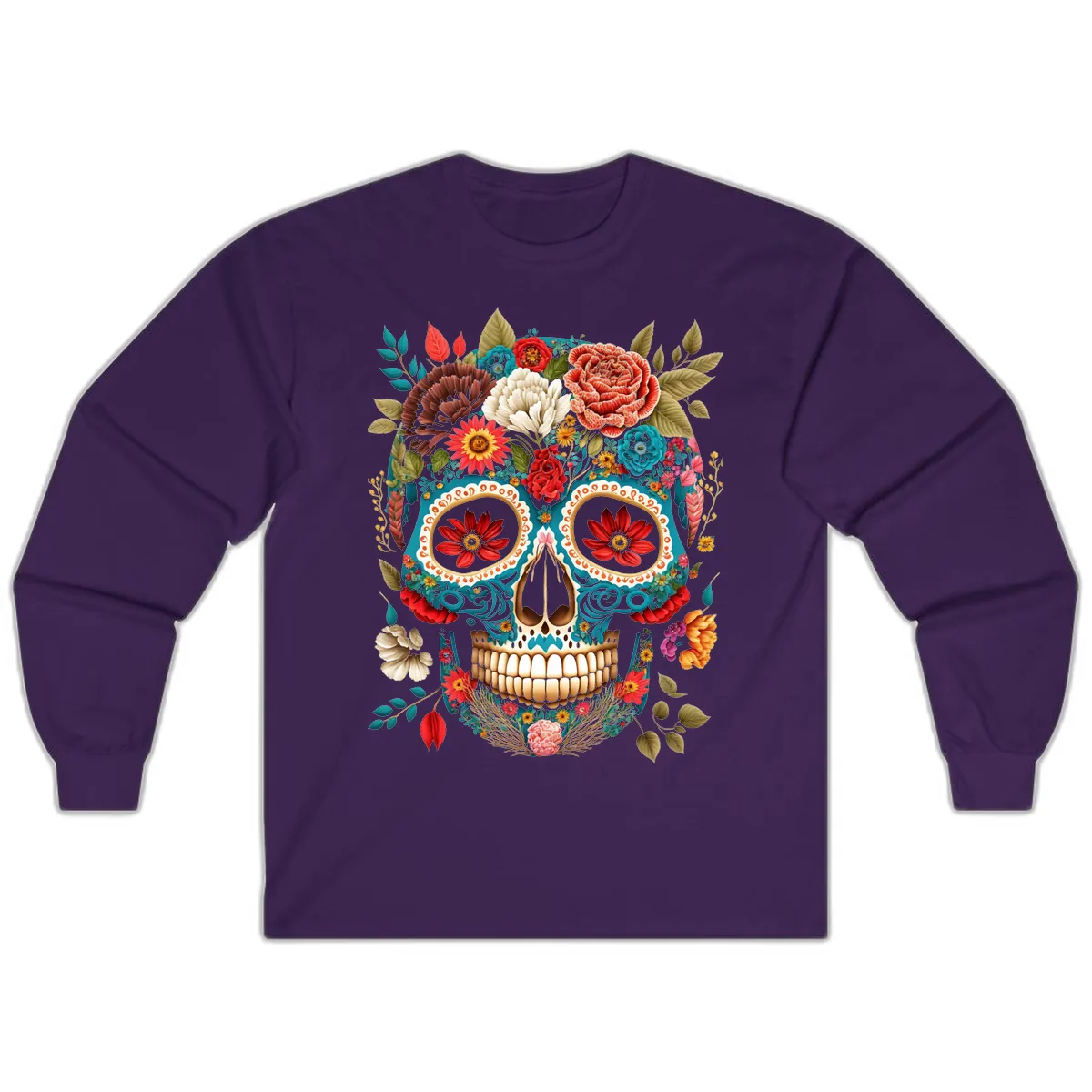 Vibrant Floral Calavera Sugar Skull Long Sleeve in Purple