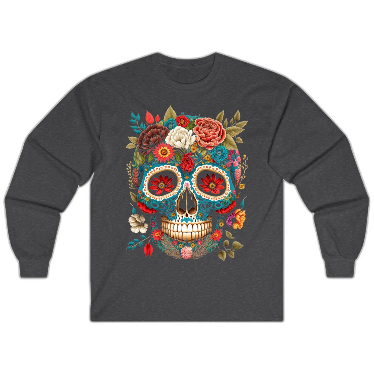 Vibrant Floral Calavera Sugar Skull Long Sleeve in Dark Heather