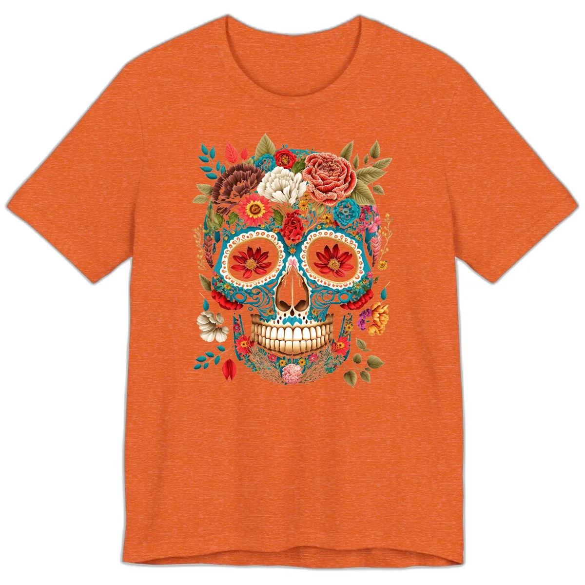 Vibrant Floral Calavera Sugar Skull Premium T-Shirt in Heather Orange