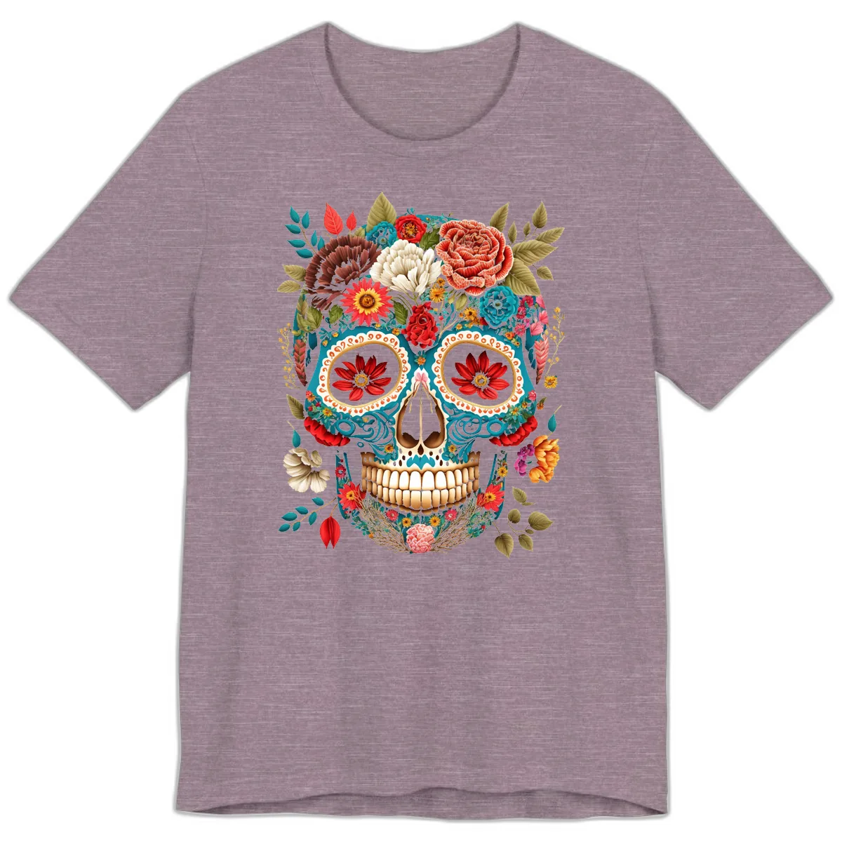 Vibrant Floral Calavera Sugar Skull Premium T-Shirt in Heather Purple