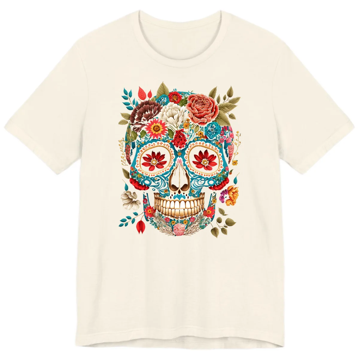 Vibrant Floral Calavera Sugar Skull Premium T-Shirt in Natural