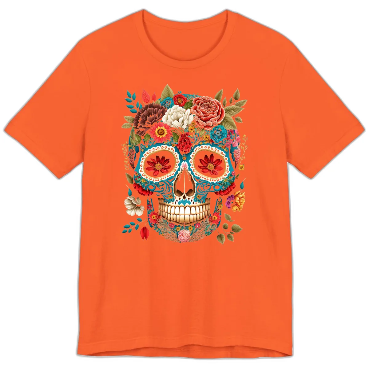 Vibrant Floral Calavera Sugar Skull Premium T-Shirt in Orange
