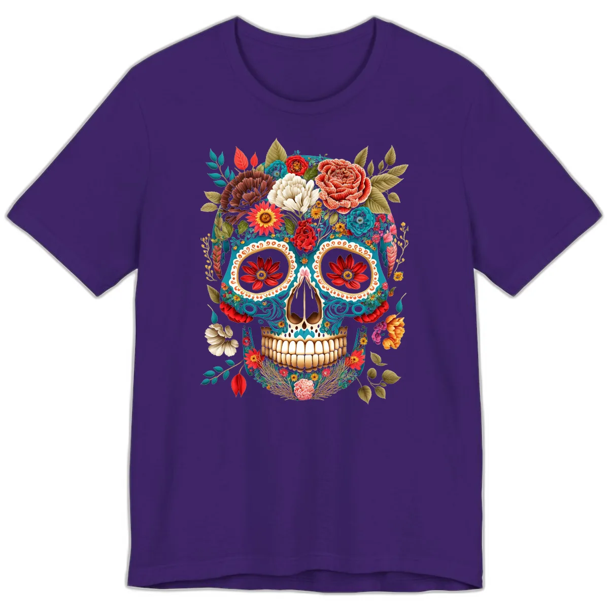 Vibrant Floral Calavera Sugar Skull Premium T-Shirt in Team Purple