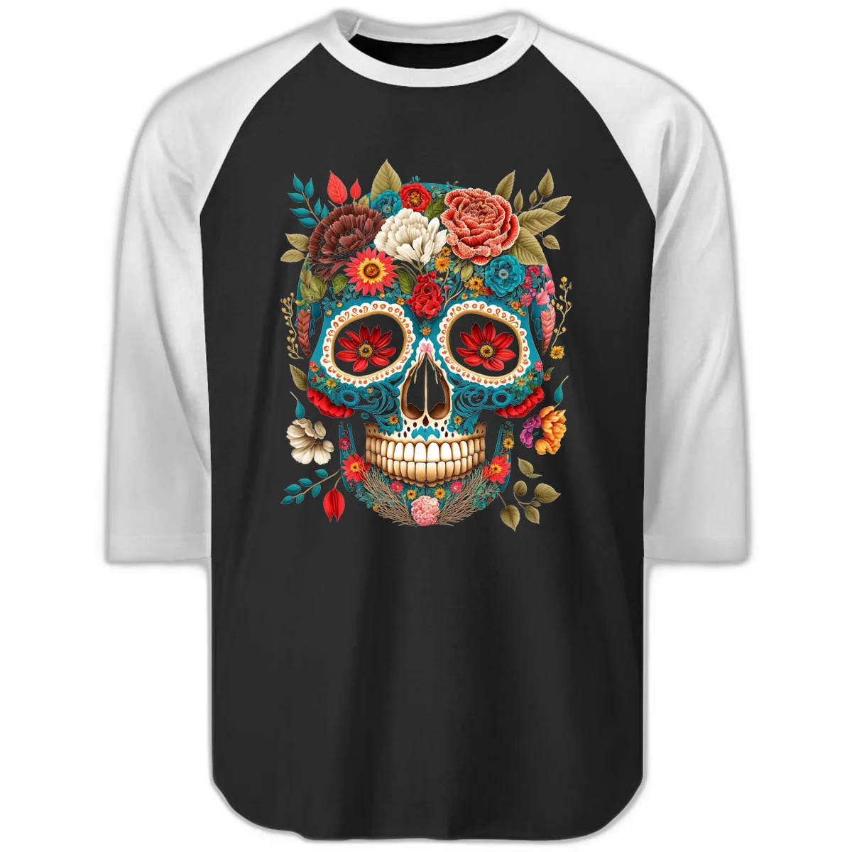 Vibrant Floral Calavera Sugar Skull Raglan 3/4 in Black White