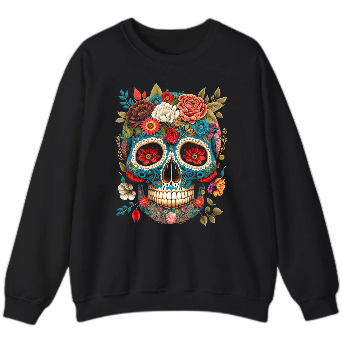 Vibrant Floral Calavera Sugar Skull Sweatshirt in Black