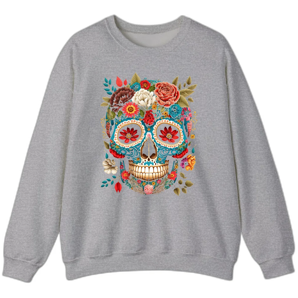 Vibrant Floral Calavera Sugar Skull Sweatshirt in Sport Grey