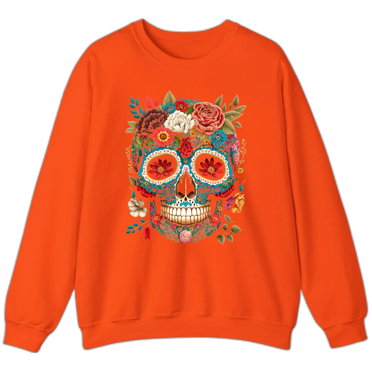 Vibrant Floral Calavera Sugar Skull Sweatshirt in Orange