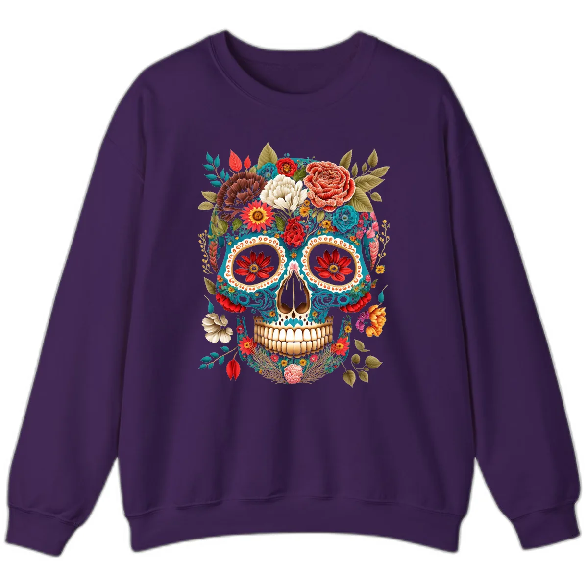 Vibrant Floral Calavera Sugar Skull Sweatshirt in Purple