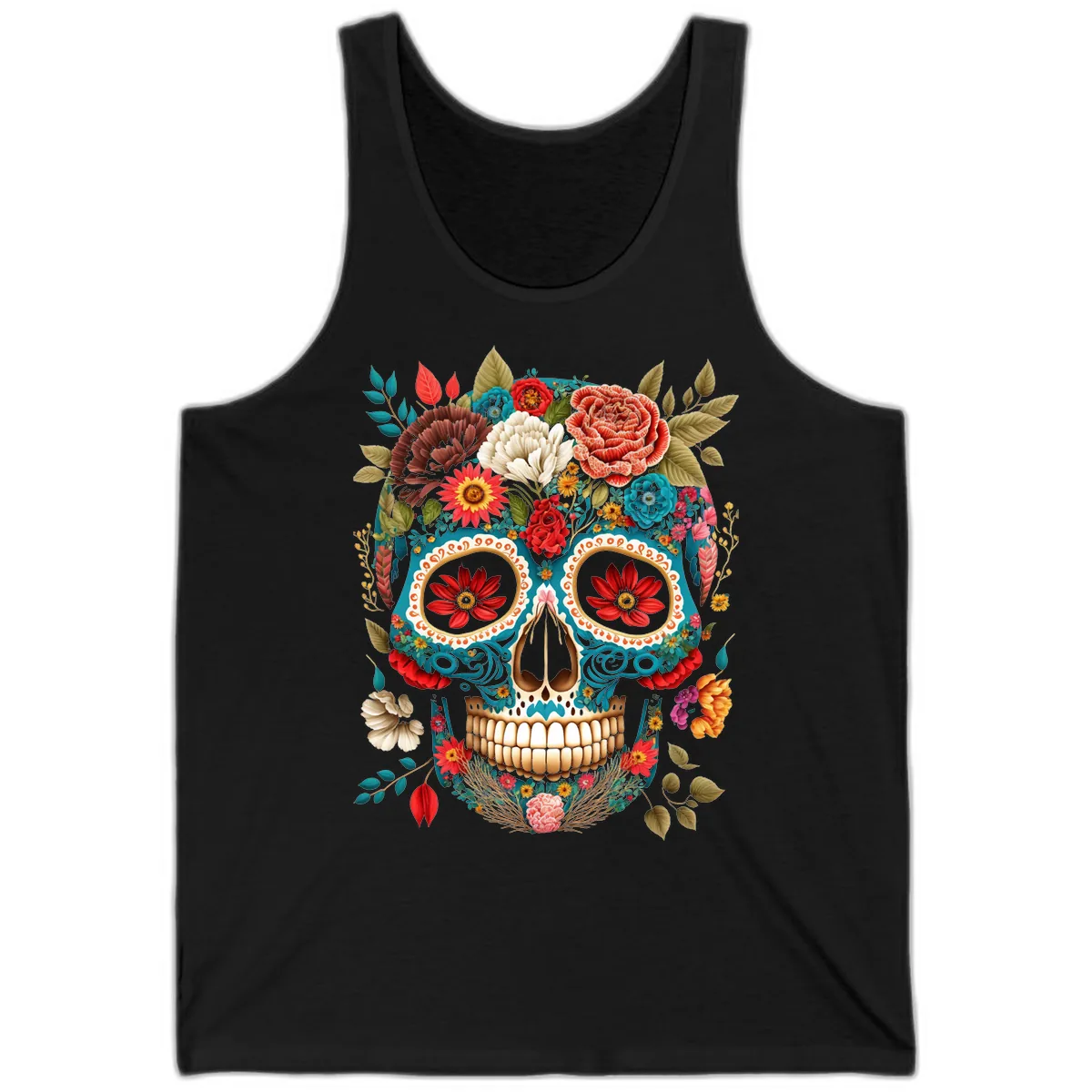 Vibrant Floral Calavera Sugar Skull Tank in Black