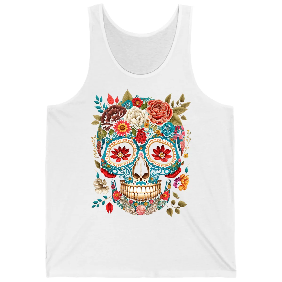 Vibrant Floral Calavera Sugar Skull Tank in White
