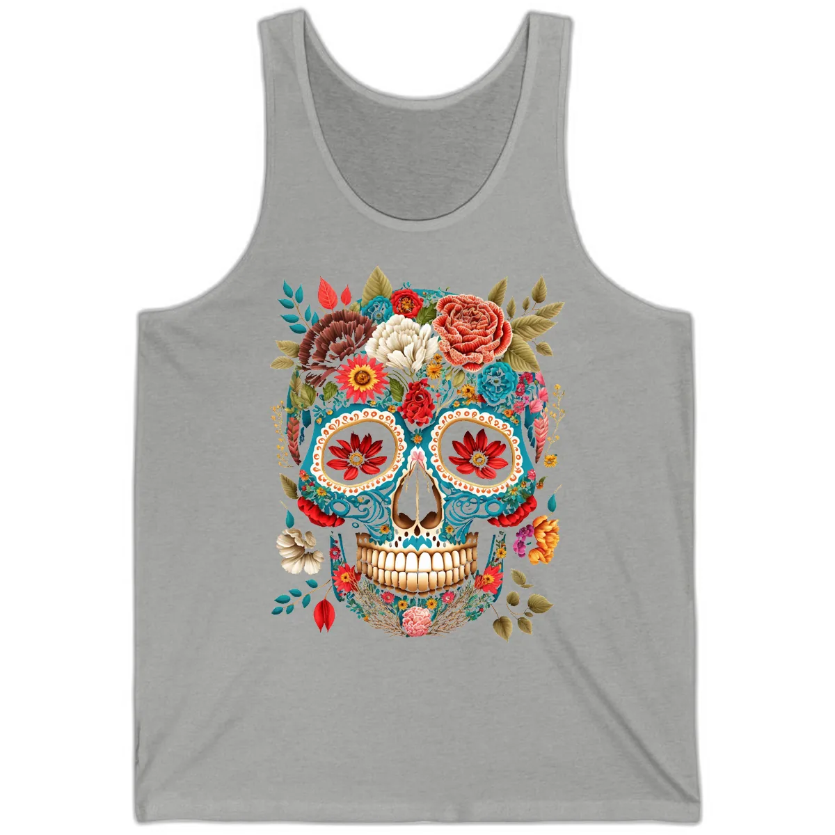 Vibrant Floral Calavera Sugar Skull Tank in Athletic Heather