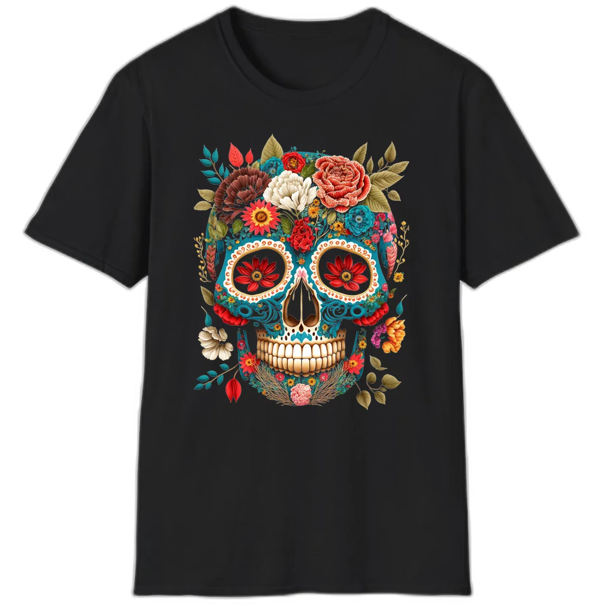 Vibrant Floral Calavera Sugar Skull T-Shirt in Black