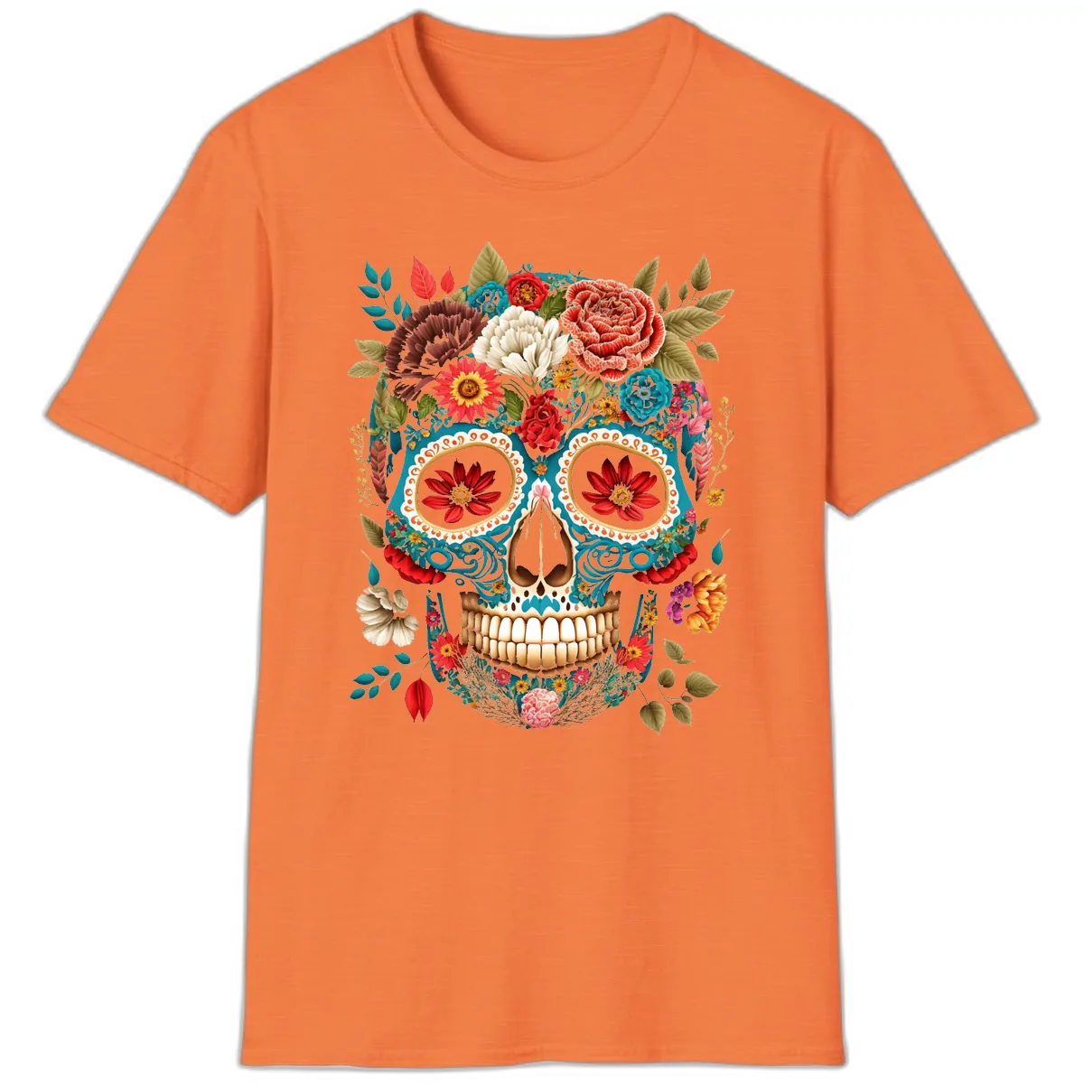 Vibrant Floral Calavera Sugar Skull T-Shirt in Heather Orange