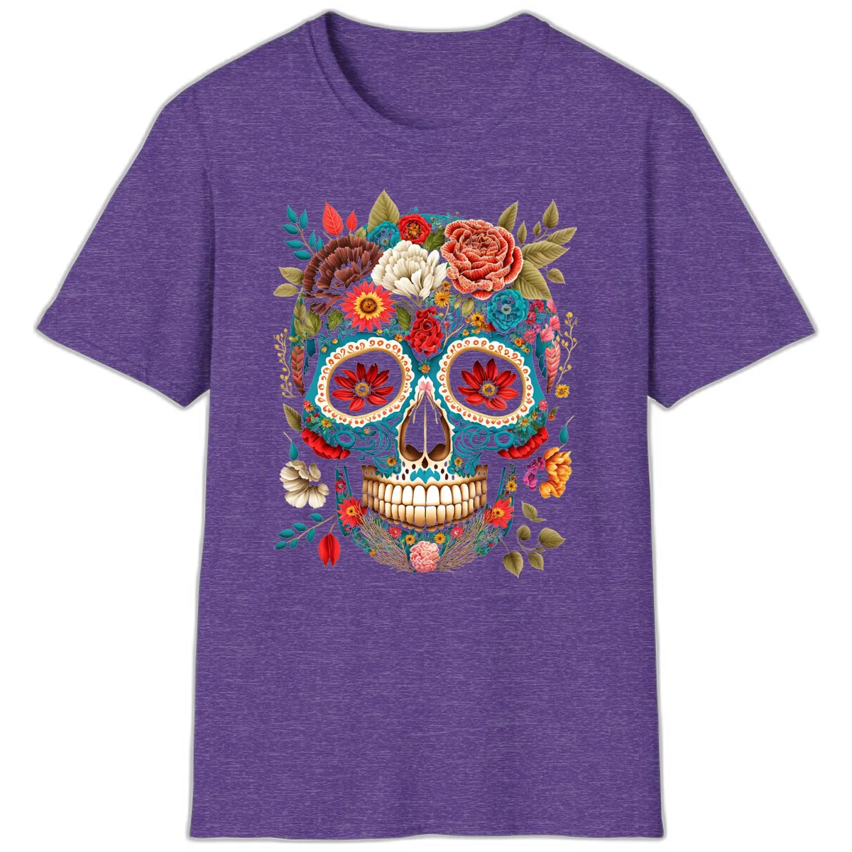 Vibrant Floral Calavera Sugar Skull T-Shirt in Heather Purple