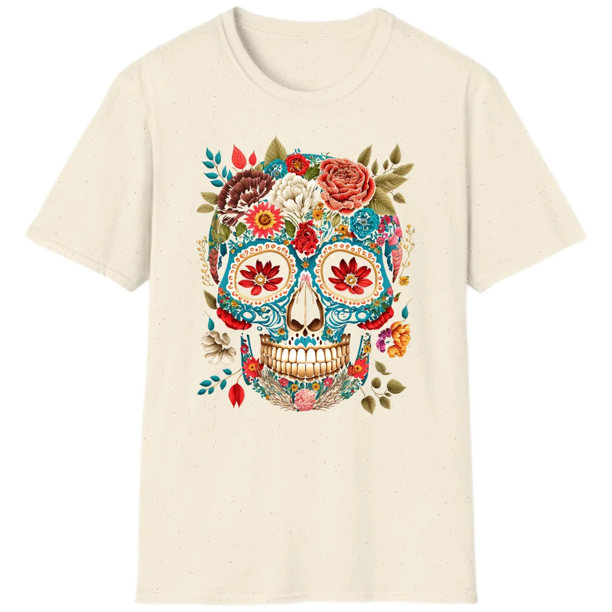 Vibrant Floral Calavera Sugar Skull T-Shirt in Natural