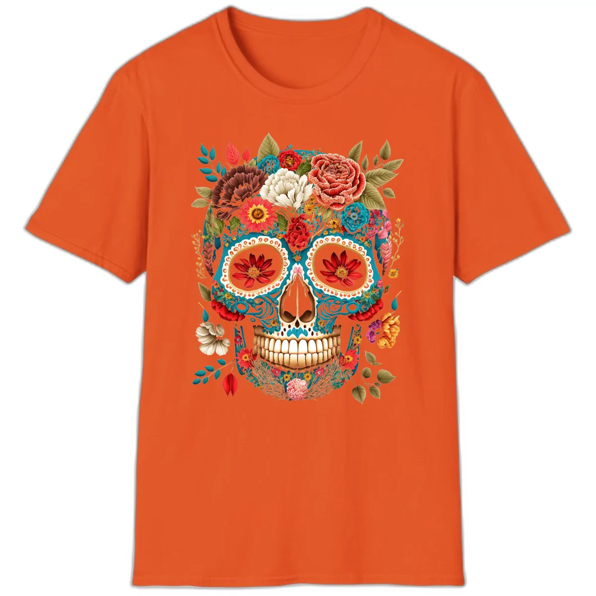 Vibrant Floral Calavera Sugar Skull T-Shirt in Orange
