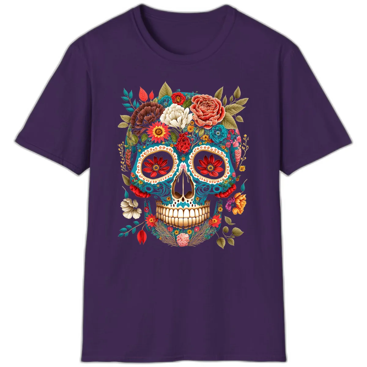 Vibrant Floral Calavera Sugar Skull T-Shirt in Purple