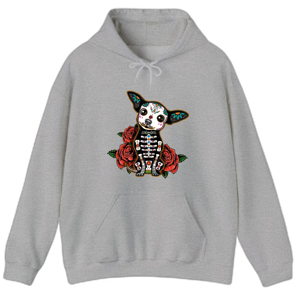 Día de los Muertos Chihuahua Sugar Skull Dog Hoodie in Sport Grey