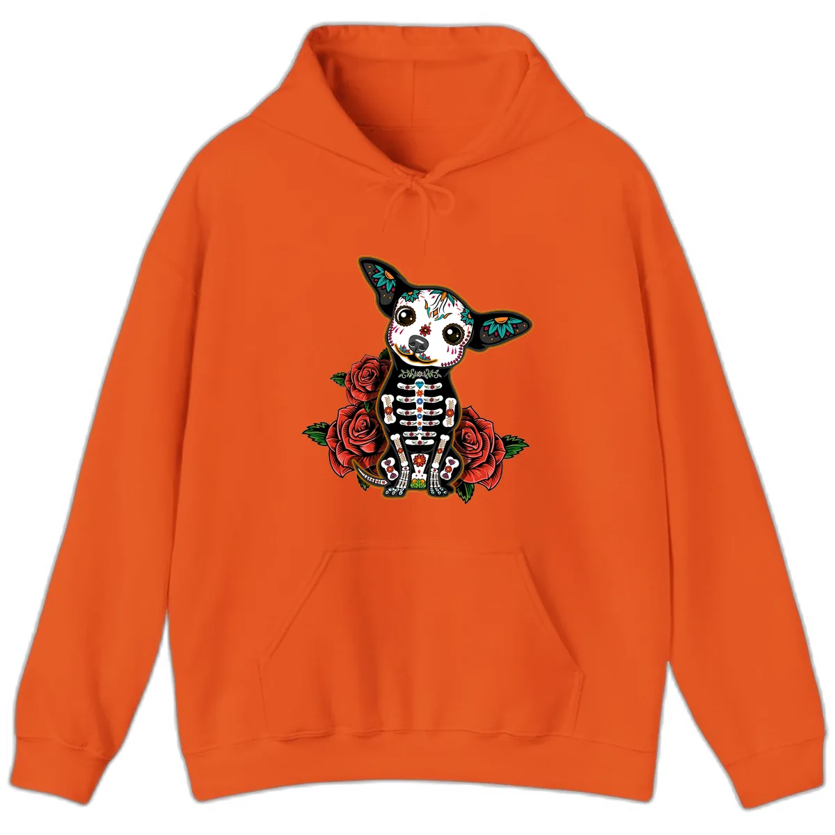 Día de los Muertos Chihuahua Sugar Skull Dog Hoodie in Orange