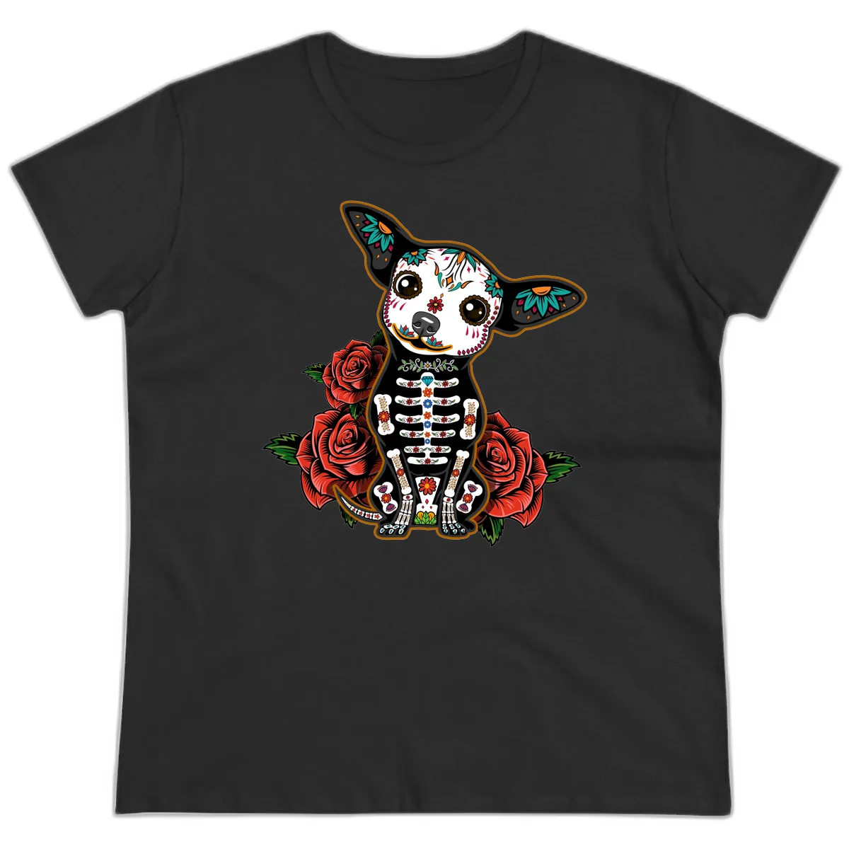 Día de los Muertos Chihuahua Sugar Skull Dog Ladies Tee in Black