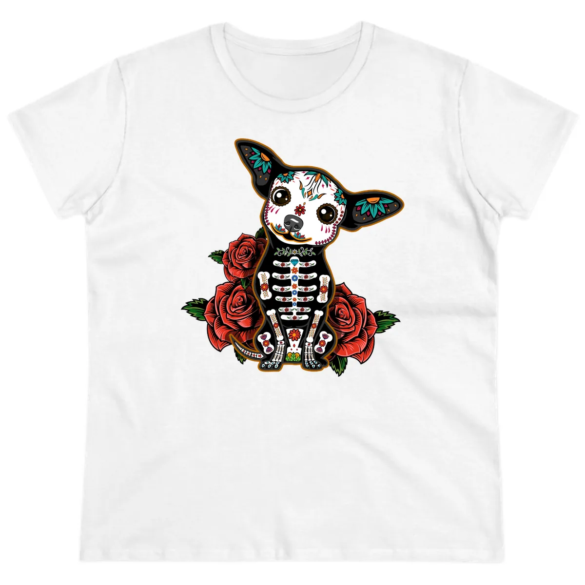 Día de los Muertos Chihuahua Sugar Skull Dog Ladies Tee in White