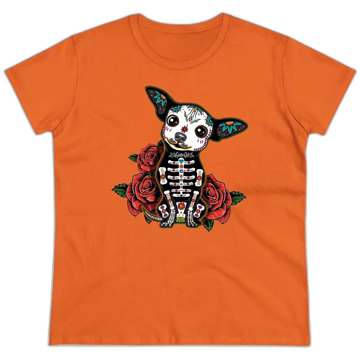 Día de los Muertos Chihuahua Sugar Skull Dog Ladies Tee in Orange