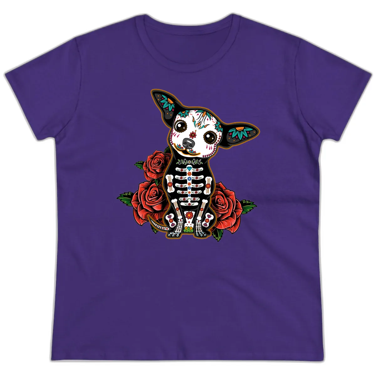 Día de los Muertos Chihuahua Sugar Skull Dog Ladies Tee in Purple