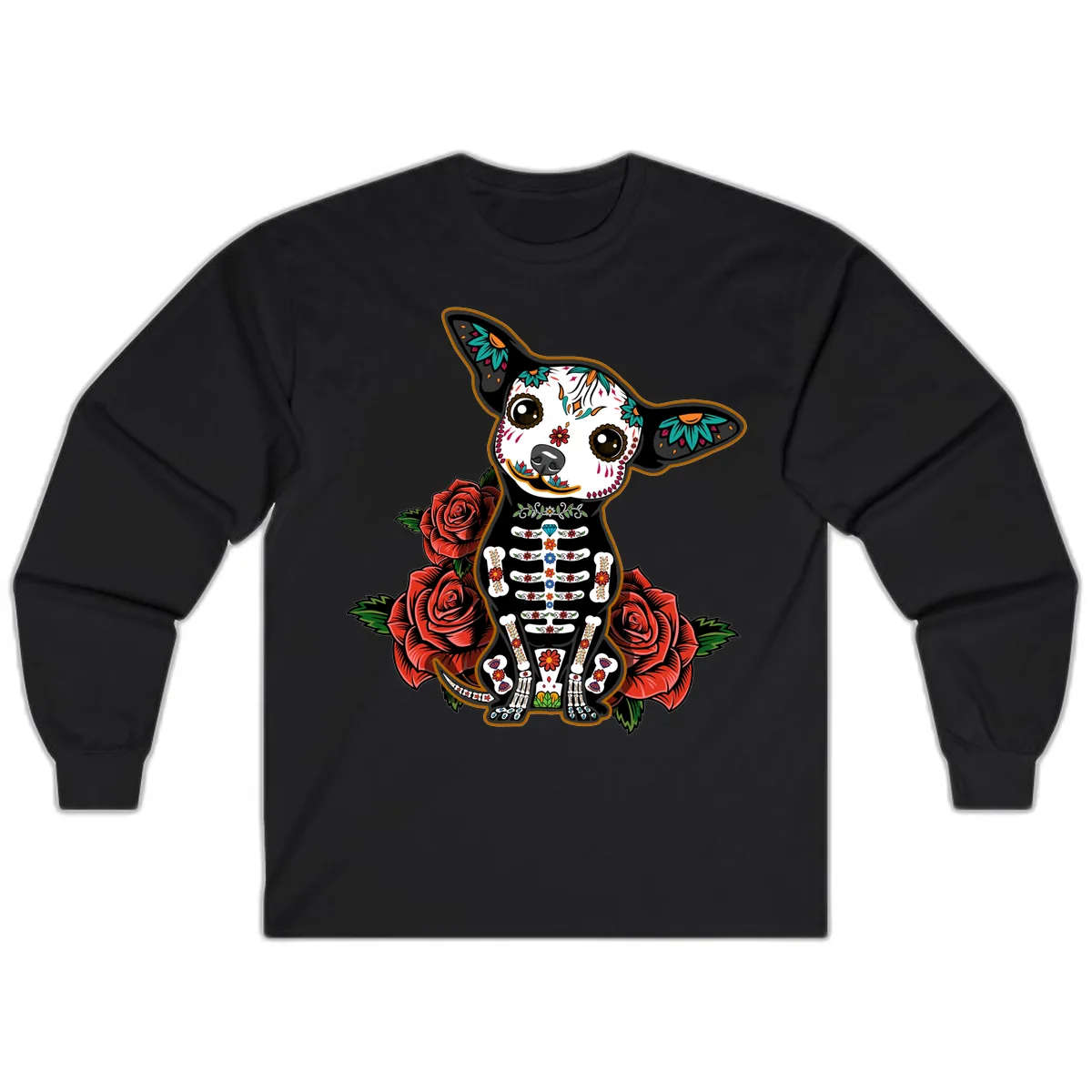 Día de los Muertos Chihuahua Sugar Skull Dog Long Sleeve in Black