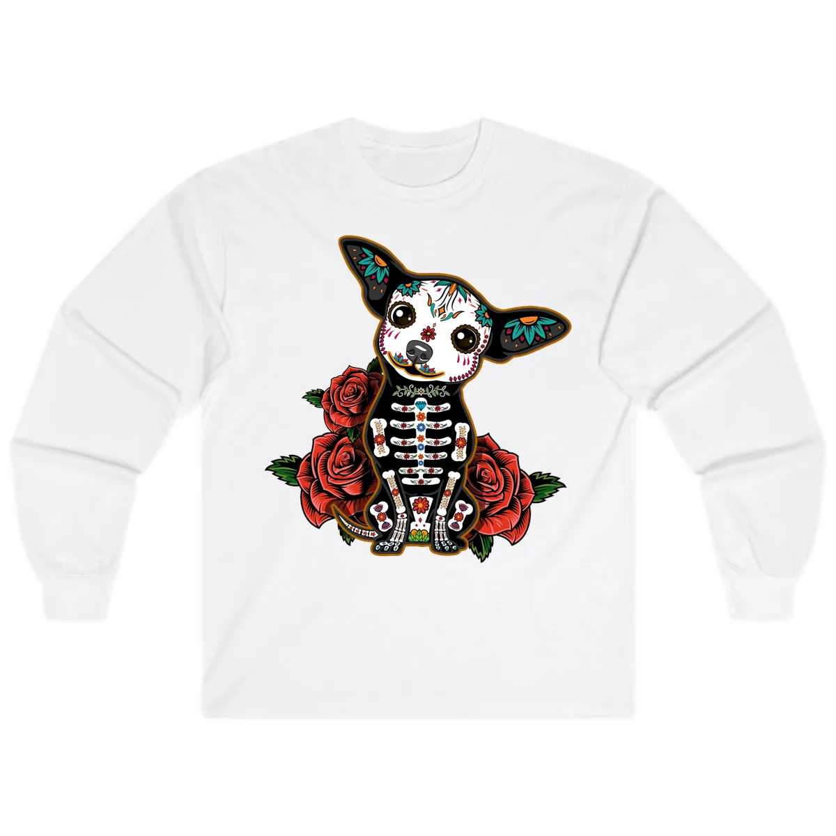 Día de los Muertos Chihuahua Sugar Skull Dog Long Sleeve in White