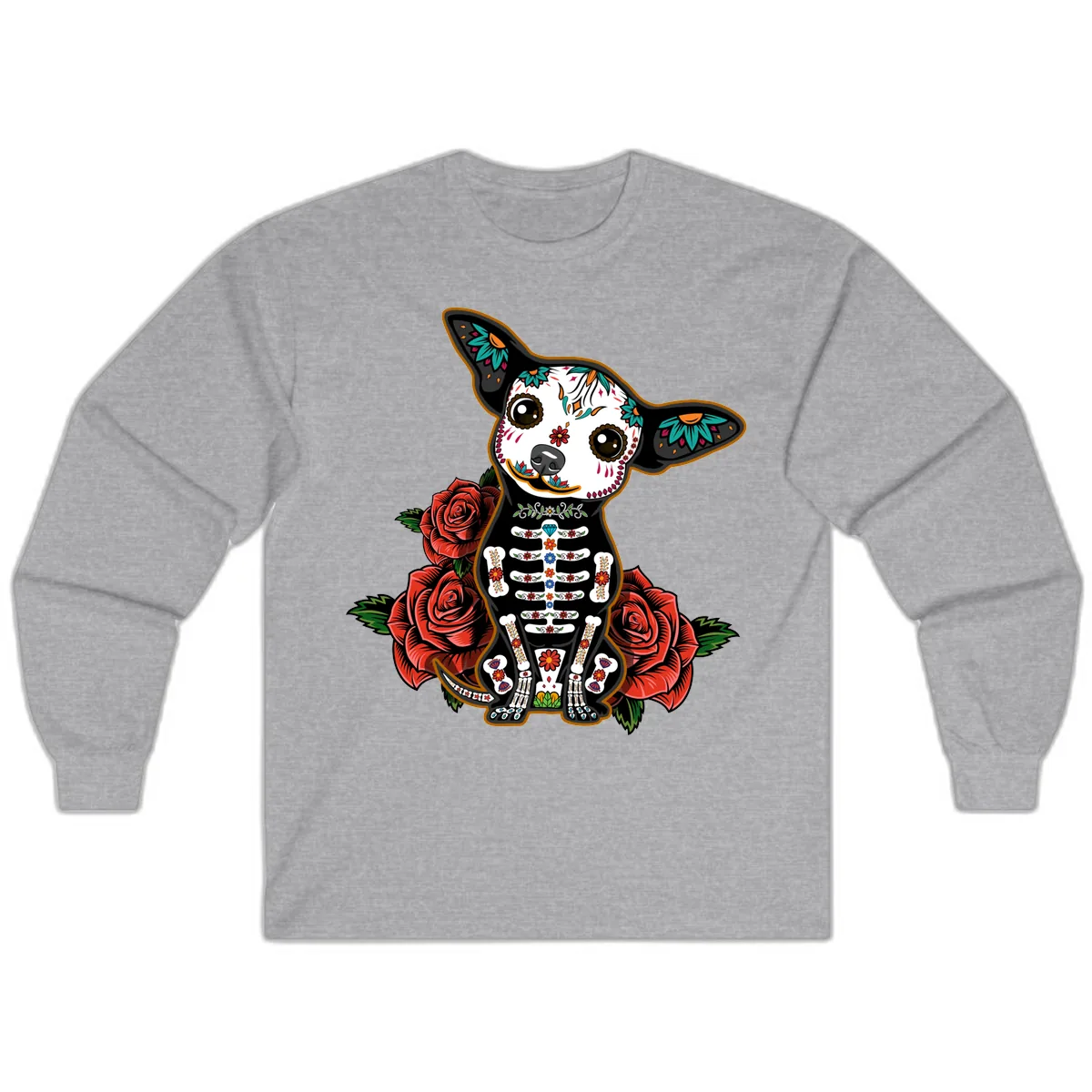 Día de los Muertos Chihuahua Sugar Skull Dog Long Sleeve in Sport Grey